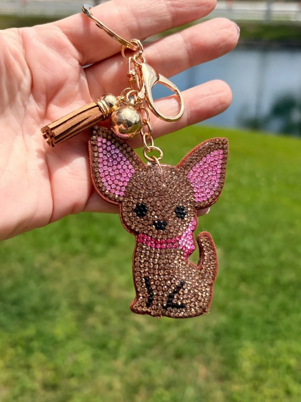 Crystal Chihuahua Keychain in Brown and Pink